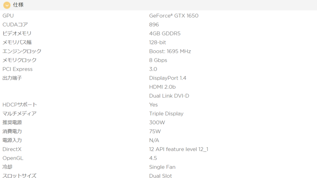 ZOTAC GAMING GeForce GTX 1650 OCの公式ページの仕様表