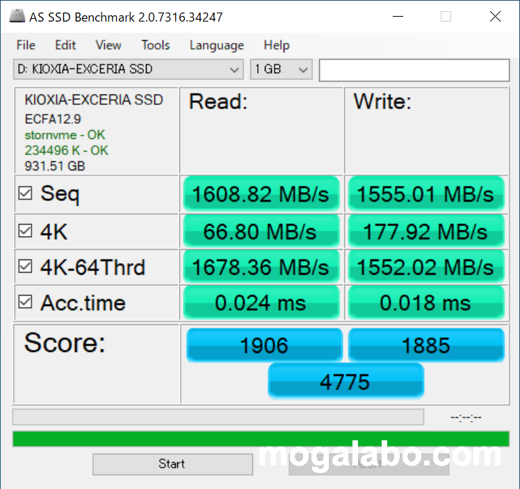 EXCERIA SSD-CK1.0N3/N 1TB (読み込み、書き込みテスト)
