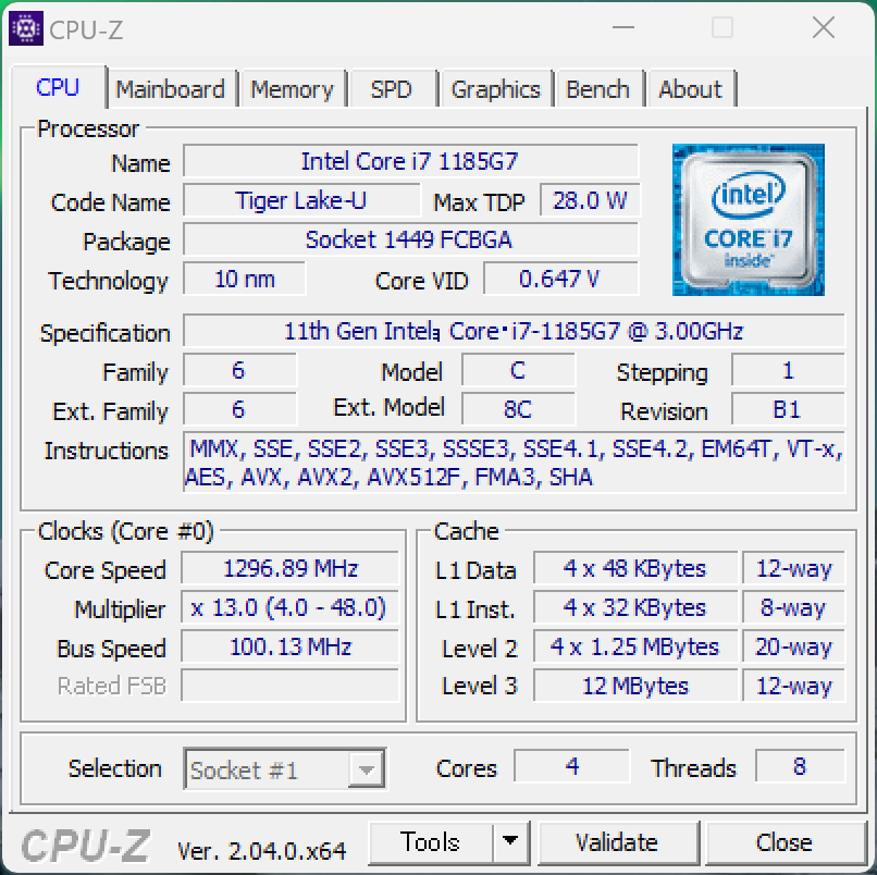 「CPU-Z」で取得したIntel Core i7-1185G7のスペック
