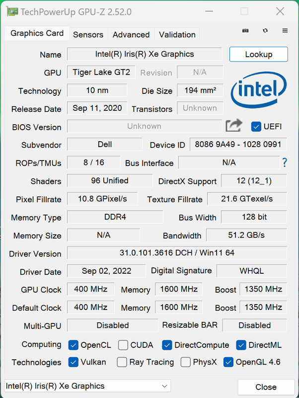 「GPU-Z」で取得したCPU内蔵のIris Xe Graphicsのスペック