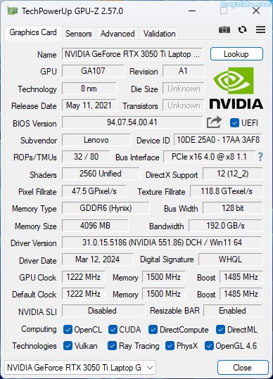 GPUはNVIDIA GeForce RTX 3050Ti Laptop GPUを搭載
